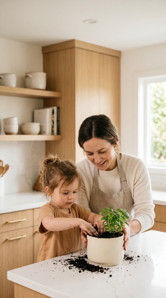 happy, mother, and, young, daughter, planting, basil, herb, bright, modern, kitchen, gardening, family, child, toddler, indoor, home, bonding, pot, soil, teaching, learning, lifestyle, smiling, domestic, activity, education, parenthood, childhood, together, love, care, nature, green, interior, apron, woman, girl, hobby, sustainable, organic, growth, nurturing, people
