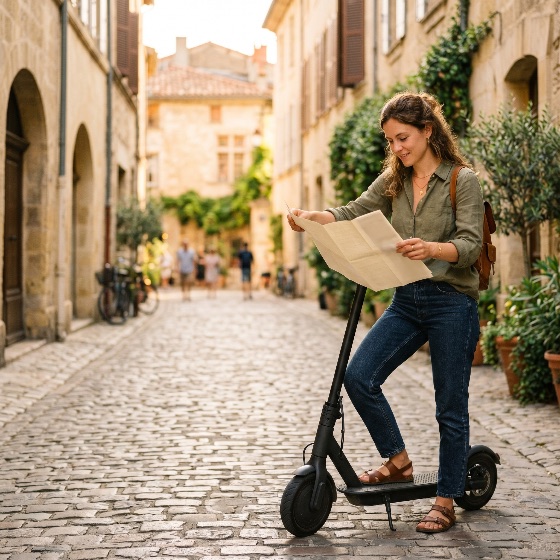 young, woman, tourist, electric, scooter, looking, paper, map, charming, narrow, cobblestone, street, old, european, city, travel, vacation, navigation, town, summer, exploring, tourism, urban, mobility, backpack, lifestyle, leisure, adventure, eco-friendly, transportation, journey, discovery, direction, outdoor, smiling, happy, historic, architecture, destination, holiday, micro-mobility, e-scooter, casual, person, beautiful, sunlit, alley, village, france, italy, places