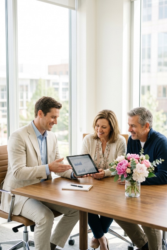 professional, financial, advisor, showing, data, charts, tablet, smiling, middle-aged, couple, during, consultation, bright, office, retirement, planning, investment, consultant, business, meeting, finance, wealth, management, senior, graphs, savings, insurance, banking, client, happy, trust, success, modern, digital, presentation, discussion, partnership, goals, strategy, mature, services, economy, accounting, real, estate, agent, lawyer, room, daylight