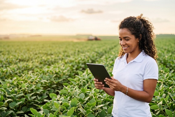 young, female, farmer, agronomist, using, digital, tablet, monitor, crops, lush, green, soybean, field, during, golden, hour, agriculture, technology, woman, smart, farming, agritech, rural, plantation, crop, sunset, business, professional, innovation, monitoring, data, farm, growth, sustainability, precision, lifestyle, outdoor, work, worker, latin, brazilian, hispanic, smiling, happy, agribusiness, modern, internet, things, nature