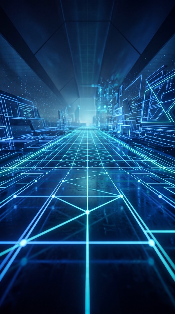 futuristic, digital, corridor, with, glowing, blue, neon, grid, and, high-tech, data, patterns, technology, sci-fi, background, abstract, virtual, reality, cyberspace, network, tunnel, cyber, internet, connection, light, glow, architecture, electronics, communication, innovation, server, computer, information, geometric, lines, perspective, dark, modern, cyberpunk, visualization, matrix, circuit, rendering, space, science, future