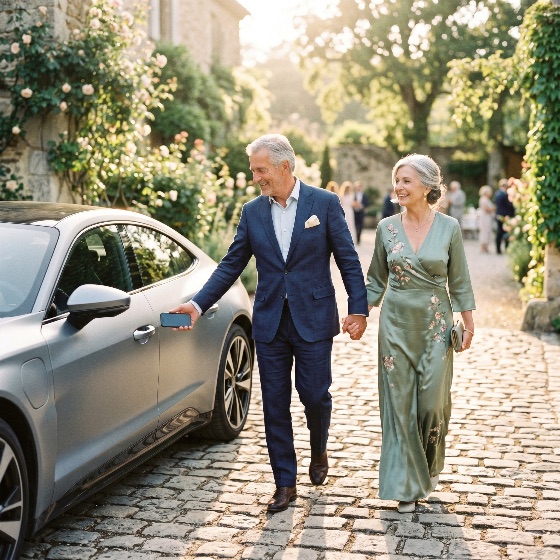 elegant, senior, couple, arriving, luxury, garden, event, and, unlocking, their, modern, car, with, smartphone, digital, key, technology, formal, wear, wealth, success, retirement, lifestyle, cobblestone, sunset, golden, hour, romance, sophistication, automotive, electric, vehicle, high-end, fashion, elderly, love, travel, arrival, party, wedding, guest, silver, suit, evening, gown, outdoor, summer, wealthy, rich, prosperity, innovation, mobile, app, connectivity, future, transportation, people
