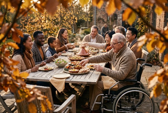 happy, multi-generational, and, multi-ethnic, family, enjoying, outdoor, autumn, meal, together, garden, diverse, wheelchair, senior, happiness, togetherness, gathering, dinner, lunch, celebration, fall, backyard, food, sharing, inclusive, lifestyle, people, smile, leaves, golden, hour, community, multi-cultural, festive, thanksgiving, disability, accessibility, elderly, grandparents, children, diversity, inclusion, socializing, connection, warmth