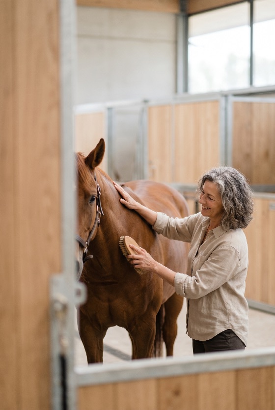 middle-aged, woman, with, grey, hair, grooming, brown, horse, stable, equestrian, animal, care, brushing, chestnut, barn, ranch, lifestyle, bond, smiling, pet, farm, equine, mammal, domestic, female, adult, senior, leisure, hobby, nature, rural, horseback, riding, friendship, equestrianism, people