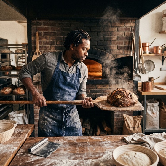 professional, african, american, baker, removing, steaming, loaf, fresh, sourdough, bread, from, rustic, brick, oven, using, wooden, peel, artisanal, bakery, wood-fired, hot, crusty, handmade, man, craftsman, traditional, flour, dough, kitchen, food, healthy, organic, baking, pastry, chef, culinary, skill, workshop, morning, breakfast, crust, aroma, artisan, small, business, local, entrepreneur, blue, apron, dreadlocks, work, labor, authentic, photography, black, drink