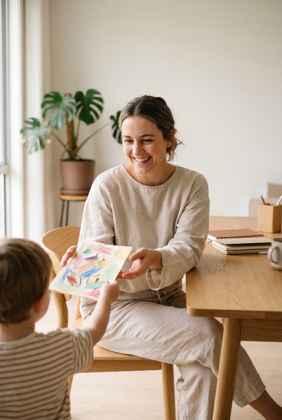 happy, mother, smiling, and, receiving, colorful, drawing, from, her, young, son, bright, modern, home, setting, family, happiness, child, woman, love, gift, art, childhood, parenting, lifestyle, minimalist, interior, proud, giving, creative, education, leisure, together, bonding, boy, parent, people, indoor, domestic, wooden, table, monstera, plant, natural, light, linen, clothing, appreciation, joy, togetherness, preschooler, toddler, artwork, paper, morning, day