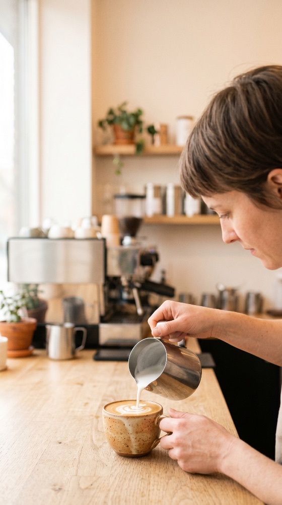 professional, female, barista, pouring, steamed, milk, into, ceramic, cup, create, latte, art, cozy, cafe, coffee, espresso, cappuccino, shop, artisan, beverage, drink, mug, wooden, counter, lifestyle, woman, working, service, hospitality, machine, indoor, bright, small, business, skills, caffeine, food