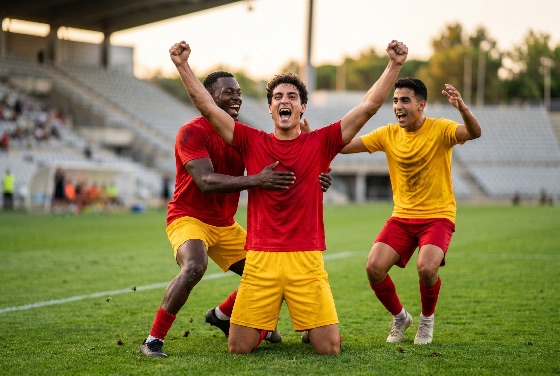 group, diverse, professional, soccer, players, celebrating, victory, the, field, kneeling, and, cheering, with, arms, raised, stadium, football, celebration, team, goal, winning, sport, athlete, joy, success, match, grass, teammates, emotion, triumph, men, competition, game, action, excitement, happiness, achievement, score, pitch, uniform, jersey, red, yellow, outdoor, daylight, people, shouting, hugging, friendship, spirit, sports, fitness
