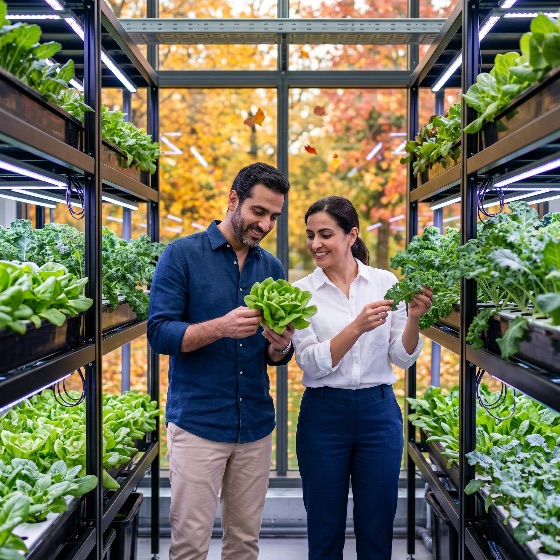 happy, couple, farmers, examining, fresh, green, lettuce, high-tech, indoor, vertical, farm, with, led, grow, lights, hydroponics, farming, agriculture, technology, sustainability, kale, organic, scientists, agronomists, smiling, teamwork, greenhouse, urban, modern, autumn, healthy, eating, food, production, innovation, smart, future, ecology, lifestyle, people