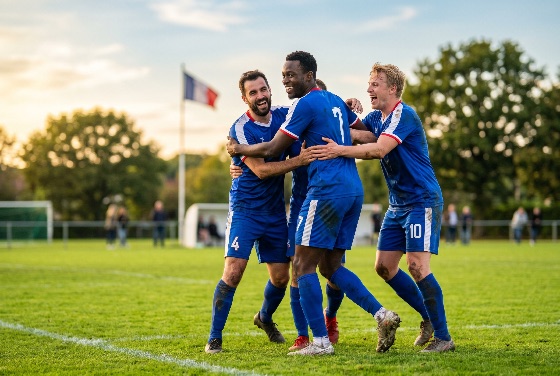 happy, diverse, soccer, players, blue, uniforms, celebrating, goal, green, field, with, french, flag, the, background, football, celebration, victory, team, sport, multi-ethnic, happiness, joy, success, winning, teammates, hug, laughing, uniform, france, outdoor, pitch, grass, athlete, competition, match, game, friendship, camaraderie, achievement, energy, excitement, muddy, sportsmanship, men, group, action, people, lifestyle