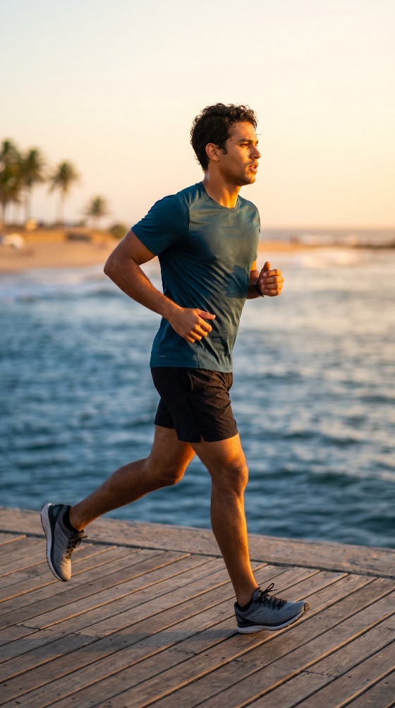 young, athletic, man, jogging, wooden, boardwalk, the, sea, during, beautiful, golden, sunset, running, fitness, exercise, beach, athlete, healthy, lifestyle, ocean, hour, workout, training, summer, wellness, active, male, outdoor, pier, sport, endurance, cardio, motivation, tropical, shore, coast, sunlight, runner, leisure, vitality, strength, morning, evening, vacation, travel, energy, sports