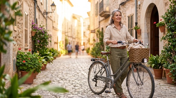 happy, mature, woman, with, grey, hair, walking, her, bicycle, through, sunny, cobblestone, street, charming, mediterranean, village, senior, bike, town, europe, travel, vacation, tourism, smiling, lifestyle, golden, hour, alley, narrow, stone, architecture, flowers, wicker, basket, summer, leisure, active, retirement, healthy, spain, italy, holiday, outdoors, places