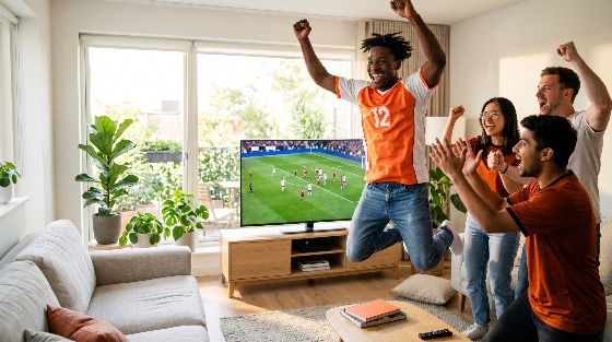 enthusiastic, multi-ethnic, friends, cheering, and, jumping, with, joy, while, watching, soccer, game, large, screen, bright, modern, living, room, football, fans, celebration, goal, winning, television, diverse, excitement, home, sports, match, group, happiness, lifestyle, indoor, orange, jersey, screaming, shouting, together, friendship, leisure, entertainment, hobby, passion, victory, enthusiast, apartment, house, plants, sunny, people, men, women, young, adults