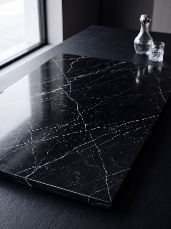 elegant, black, marble, slab, with, white, veins, dark, countertop, minimalist, interior, setting, stone, texture, background, luxury, kitchen, design, polished, veining, modern, home, decor, surface, architectural, cutting, board, platter, glass, carafe, natural, light, reflection, sophisticated, material, interiors