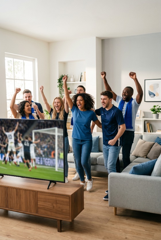 diverse, group, excited, friends, celebrating, goal, while, watching, soccer, match, television, modern, living, room, football, fans, cheering, victory, excitement, joy, lifestyle, home, sport, game, happiness, togetherness, multi-ethnic, social, entertainment, leisure, indoor, shouting, jumping, arms, raised, blue, scarf, championship, tournament, supporters, winning, emotion, enthusiasm, screen, interior, daytime, casual, young, adults, unity, fanatic, broadcast, people