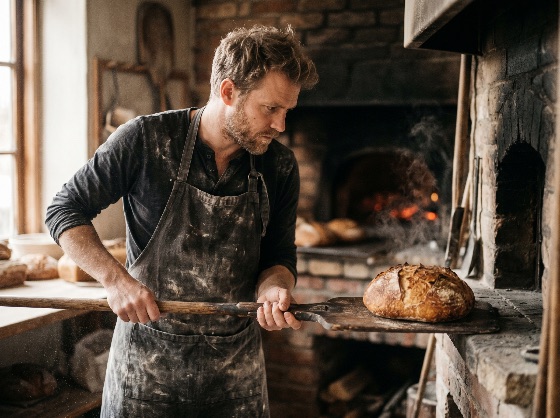 artisan, baker, removing, fresh, loaf, sourdough, bread, from, traditional, wood-fired, brick, oven, baking, rustic, handmade, flour, apron, bakery, kitchen, food, hot, steam, peel, wooden, craft, professional, man, culinary, crusty, gourmet, organic, cooking, chef, authentic, drink
