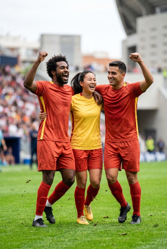 diverse, group, professional, soccer, players, celebrating, victory, the, field, during, match, football, celebration, team, diversity, stadium, winning, sport, athlete, joy, happy, success, game, pitch, teammates, cheering, excitement, multi-ethnic, man, woman, uniform, red, yellow, competition, achievement, emotion, friendship, outdoor, action, sportsmanship, goal, grass, triumph, enthusiasm, people, lifestyle