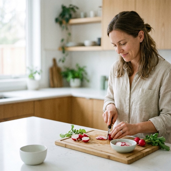 smiling, woman, slicing, fresh, red, radishes, wooden, cutting, board, bright, modern, kitchen, radish, cooking, healthy, vegetables, food, preparation, lifestyle, home, organic, nutrition, wellness, domestic, knife, salad, meal, adult, female, indoor, minimalist, culinary, vegetarian, vegan, ingredients, natural, light, drink