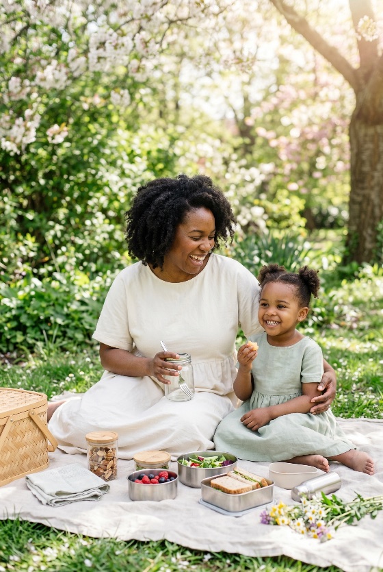 happy, african, american, mother, and, daughter, enjoying, healthy, picnic, sunny, park, with, blooming, trees, family, black, outdoors, spring, eating, joy, happiness, bonding, lifestyle, sustainability, eco-friendly, nature, cherry, blossom, childhood, parenting, together, smiling, laughing, food, lunch, blanket, basket, reusable, containers, summer, garden, leisure, wellness, organic, fresh, salad, fruit, people, woman, girl, toddler, child, daylight, portrait, vertical, snacks, berries, sandwiches