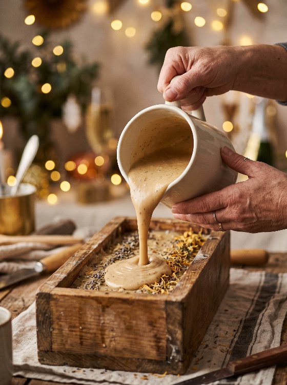 artisanal, soap, making, process, pouring, liquid, mixture, into, wooden, mold, with, dried, flowers, handmade, craft, lavender, calendula, natural, diy, hobby, workshop, festive, bokeh, lights, holiday, cozy, hands, creative, ingredients, aromatherapy, home, business, small, sustainable, gift, rustic, skincare, organic, holidays, celebrations
