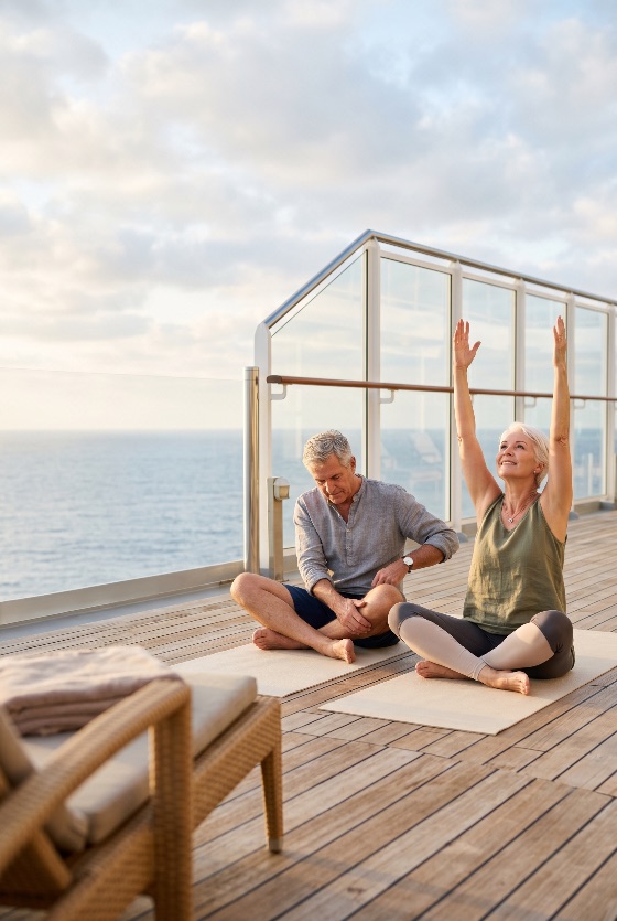 active, senior, couple, practicing, yoga, and, meditation, luxury, cruise, ship, deck, with, ocean, view, wellness, retirement, fitness, lifestyle, travel, vacation, stretching, health, wellbeing, mature, exercise, sea, peaceful, together, outdoor, mat, elderly, man, woman, relaxation, morning, sunset, sunrise, balcony, horizon, healthy, living, mindfulness, calm, serene, leisure, tourism, athletic, wear, wooden, floor, glass, railing, clouds, daylight, people