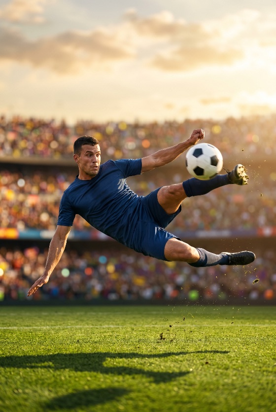 professional, soccer, player, performing, spectacular, bicycle, kick, crowded, stadium, sunset, football, overhead, action, athlete, sport, kicking, ball, match, game, mid-air, dynamic, competition, golden, hour, blue, uniform, grass, field, crowd, fans, athletic, movement, energy, skill, technique, championship, tournament, outdoor, male, fitness, performance, dramatic, sunlight, flare, vertical, sports