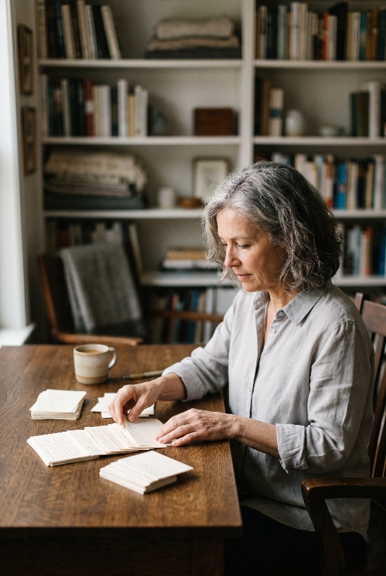 focused, middle-aged, woman, with, grey, hair, organizing, index, cards, wooden, table, cozy, home, library, senior, study, bookshelf, books, reading, notes, calm, lifestyle, domestic, interior, hobby, research, education, memory, nostalgia, recipe, flashcards, intellectual, mature, female, sitting, concentration, planning, knowledge, learning, archival, documentation, indoor, leisure, sorting