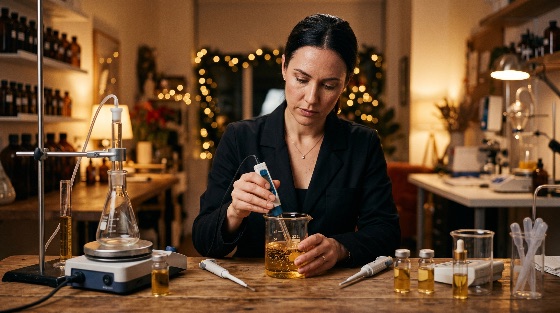 female, scientist, artisanal, perfumer, measuring, liquid, beaker, with, digital, probe, warm, laboratory, environment, chemistry, essential, oil, cosmetic, formulation, research, glassware, professional, woman, workshop, pipette, vial, fragrance, aromatherapy, skincare, product, development, quality, control, science, innovation, expert, focused, lighting, bokeh, indoor, natural, products, apothecary, chemist, herbalist