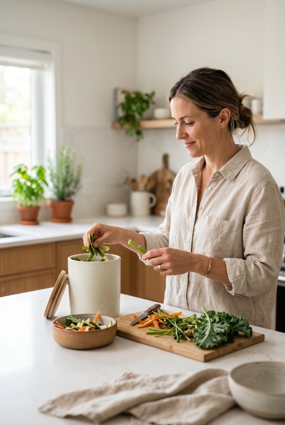 woman, putting, vegetable, scraps, into, compost, bin, modern, kitchen, composting, sustainable, eco-friendly, organic, waste, recycling, food, lifestyle, home, green, environment, domestic, healthy, minimalist, ceramic, jar, cutting, board, kale, carrot, peeling, cooking, preparation, zero, sustainability, earth-friendly, indoor, plants, linen, natural, bright, clean, interior, household, disposal, ecology, drink