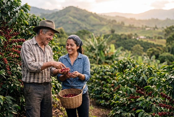 happy, senior, farmer, and, young, woman, harvesting, ripe, red, coffee, cherries, hillside, plantation, sunset, agriculture, beans, picking, man, farm, rural, outdoor, mountains, hispanic, latin, basket, organic, sustainable, nature, teamwork, smiling, crop, production, cultivation, worker, labor, traditional, authentic, lifestyle, south, america, central, tropical, green, foliage, berries, industry, fair, trade, family, business, people