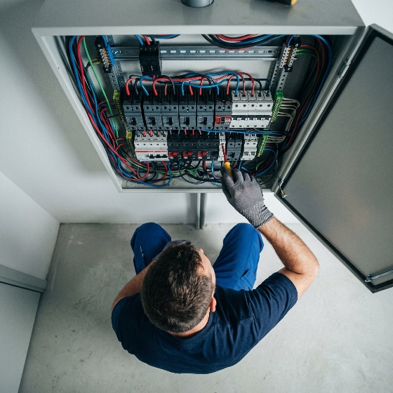 professional, electrician, blue, uniform, working, electrical, distribution, board, with, screwdriver, panel, maintenance, technician, circuit, breaker, fuse, box, wiring, repair, worker, electricity, tools, high, angle, top, view, industrial, power, energy, safety, engineering, installation, service, switchboard, cable, wire, manual, labor, construction, utility, room