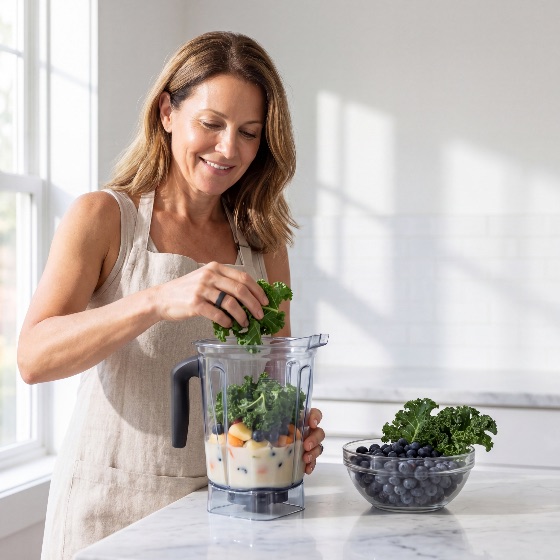 smiling, middle-aged, woman, beige, apron, adds, fresh, green, kale, blender, filled, with, fruit, and, milk, bright, modern, kitchen, preparing, healthy, morning, smoothie, for, breakfast, nutrition, lifestyle, cooking, wellness, blueberries, organic, home, adult, female, preparation, drink, beverage, diet, vegetarian, vegan, superfood, detox, health, fitness, natural, ingredients, meal, light, interior, domestic, food, wellbeing, vitamin, energy, person, caucasian, raw, countertop