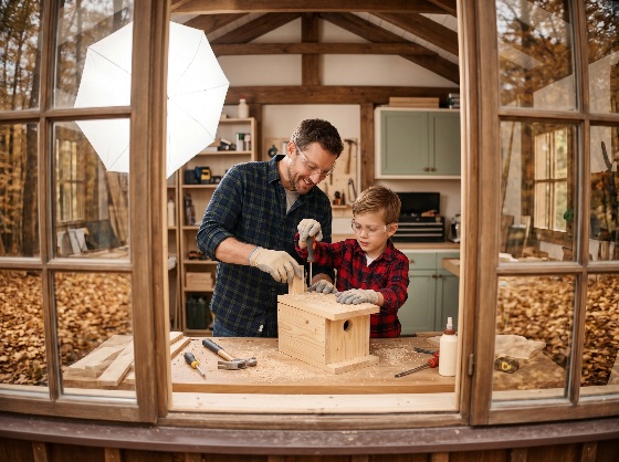 father, and, son, building, wooden, birdhouse, together, rustic, workshop, woodworking, teaching, family, bonding, diy, craft, tools, wood, screwdriver, safety, glasses, gloves, childhood, parenting, hobby, shed, autumn, forest, window, togetherness, education, skills, project, handmade, carpenter, carpentry, male, boy, man, creative, home, improvement, leisure, activity, lifestyle, workbench, hammer, people