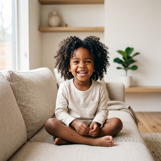 portrait, joyful, young, african, american, girl, with, curly, hair, sitting, cross-legged, sofa, modern, home, child, happy, smiling, living, room, lifestyle, joy, laughing, couch, childhood, minimalist, interior, domestic, innocent, cute, ethnic, diversity, leisure, people, person, preschooler, toddler, beautiful, black, indoor, family, happiness, cheerful, youthful, relaxed, cozy, bright, natural, light