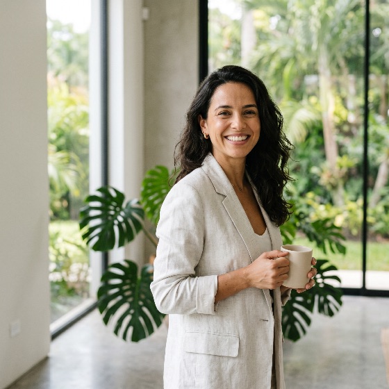 confident, smiling, businesswoman, light, linen, blazer, holding, coffee, mug, modern, bright, office, with, tropical, plants, woman, business, professional, portrait, success, entrepreneur, lifestyle, interior, monstera, daylight, career, corporate, leadership, casual, fashion, beautiful, adult, female, work, break, morning, happiness, positive, executive, manager, remote, home, freelancer, stylish, elegant, natural, window, garden, view, brunette, finance