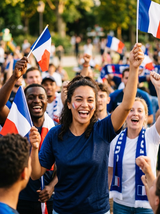 diverse, group, enthusiastic, french, supporters, cheering, and, waving, national, flags, while, celebrating, victory, outdoors, france, flag, fans, celebration, sports, football, soccer, tricolour, people, happy, excited, outdoor, park, summer, patriotism, patriotic, event, crowd, face, paint, scarf, joy, enthusiasm, winning, team, championship, tournament, bastille, day, holiday, recreation