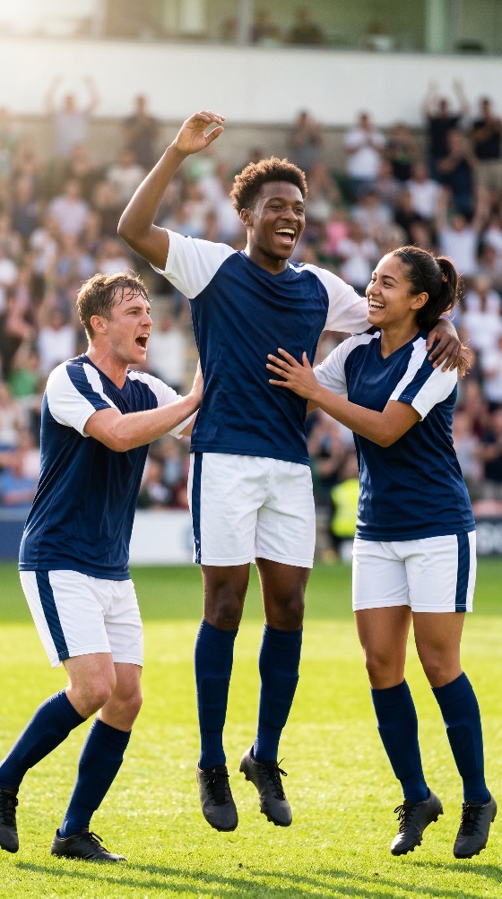 diverse, soccer, team, celebrating, goal, during, match, packed, stadium, football, celebration, victory, players, winning, joy, excitement, teammates, multiethnic, sports, athlete, field, grass, cheering, jumping, happiness, success, competition, professional, uniform, teamwork, group, men, woman, outdoor, daylight, crowd, fans, pitch, game, action, emotional, achievement, together, friendship, athletic, lifestyle, people