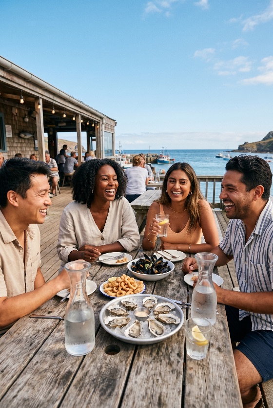 diverse, group, friends, laughing, and, eating, fresh, seafood, outdoor, coastal, restaurant, ocean, lunch, dining, vacation, oysters, mussels, summer, happiness, travel, lifestyle, sea, harbor, friendship, social, food, drinks, holiday, tourism, waterfront, deck, terrace, drink