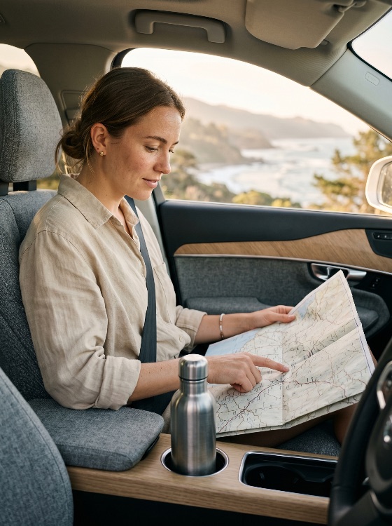 young, woman, sitting, car, passenger, seat, looking, paper, map, during, coastal, road, trip, travel, navigation, adventure, ocean, planning, route, journey, vacation, lifestyle, vehicle, interior, transportation, scenic, drive, tourism, exploration, outdoors, summer, holiday, direction, traveler, adult, female, pointing, modern, nature, landscape, shore, seaside, coast, hills, freedom, leisure, getaway, weekend, vehicles