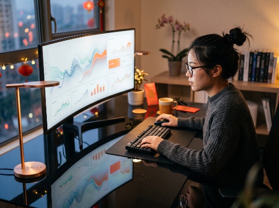 young, asian, woman, analyzing, financial, data, and, stock, market, trends, large, ultrawide, monitor, modern, home, office, night, analysis, working, computer, charts, graphs, business, professional, technology, analytics, investment, trading, female, evening, remote, work, freelance, desk, keyboard, mouse, interior, city, view, statistics, finance, economy, productivity, career, digital, nomad, startup, research, information, dashboard, screen, display, from, corporate, strategy, marketing, planning, success