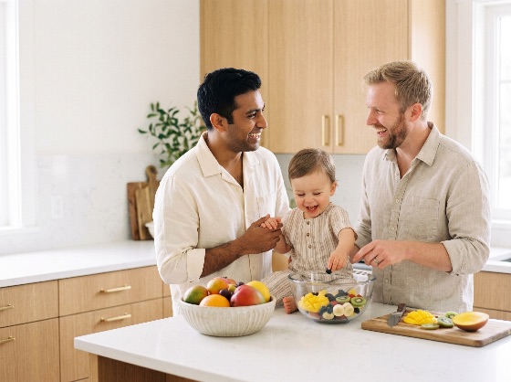 happy, diverse, gay, couple, with, toddler, son, preparing, healthy, fruit, salad, modern, kitchen, lgbtq, family, multi-ethnic, parents, child, eating, happiness, laughing, domestic, life, home, lifestyle, fathers, two, dads, same-sex, inclusion, love, togetherness, food, breakfast, snack, morning, bright, airy, caucasian, south, asian, indian, mixed, race, childhood, parenting, bonding, joy, cheerful, organic, fresh, mango, kiwi, blueberries, island, cabinets, interior, residential, people