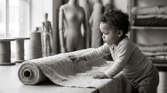 curious, african, american, baby, exploring, roll, fabric, tailor, workshop, black, and, white, portrait, toddler, studio, textile, curiosity, monochrome, childhood, exploration, sewing, mannequin, dressmaker, craft, artisan, curly, hair, child, infant, creative, artistic, texture, linen, material, table, indoor, soft, focus, people, lifestyle