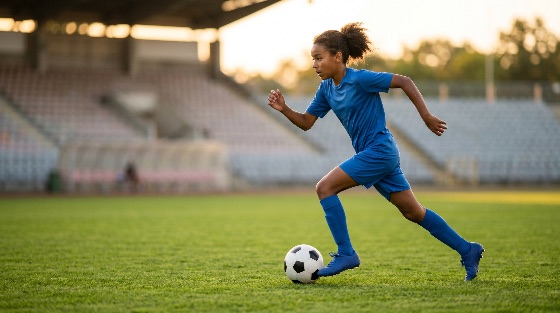 young, african, american, girl, blue, uniform, dribbling, soccer, ball, stadium, field, during, sunset, football, athlete, child, sport, running, jersey, youth, training, competition, active, healthy, lifestyle, black, female, player, grass, golden, hour, exercise, hobby, game, match, professional, aspiring, talent, skill, motion, action, outdoor, summer, seating, pitch, sports, fitness