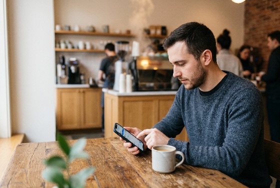 young, caucasian, man, using, smartphone, while, sitting, wooden, table, modern, coffee, shop, cafe, mobile, phone, technology, lifestyle, male, internet, communication, social, media, browsing, app, mug, latte, interior, urban, casual, beard, sweater, person, adult, digital, connection, work, remote, freelance, morning, break, leisure, indoor, blurred, background, barista, restaurant, people, daily, life