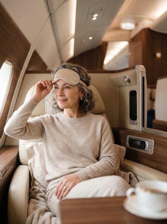 elegant, mature, woman, relaxing, luxury, first, class, airplane, cabin, with, sleep, mask, travel, business, senior, private, jet, flying, vacation, relaxation, comfort, passenger, interior, wealthy, lifestyle, tourism, journey, flight, transport, aviation, leisure, serene, peaceful, looking, out, window, middle-aged, gray, hair, sweater, cozy, jetsetter, premium, executive, wealth, success, holiday, trip, air, seat, comfortable, rich, high-end, sophisticated, places