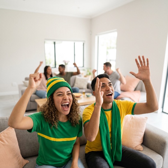 diverse, group, young, friends, green, and, yellow, jerseys, cheering, celebrating, while, watching, sports, game, television, bright, living, room, fans, soccer, football, celebration, brazil, excitement, goal, winning, home, happiness, passion, jersey, adults, emotion, togetherness, championship, tournament, world, cup, match, shouting, joy, lifestyle, indoor, social, gathering, friendship, support, team, victory, fanatical, enthusiastic, people, man, woman, multi-ethnic