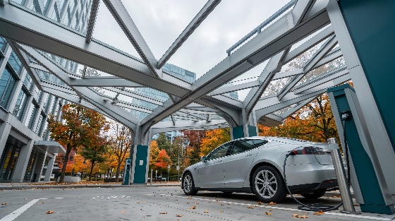 modern, silver, electric, car, charging, public, station, under, glass, canopy, autumn, urban, setting, vehicle, sustainable, green, energy, clean, architecture, city, fall, technology, innovation, eco-friendly, transport, mobility, infrastructure, office, building, environment, future, electricity, power, parking, automobile, sedan, transportation, vehicles