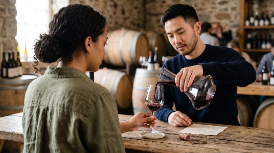 young, diverse, couple, enjoying, wine, tasting, experience, rustic, cellar, man, pouring, red, from, decanter, winery, woman, barrel, glass, alcohol, beverage, drink, sommelier, vineyard, hospitality, leisure, lifestyle, romantic, date, tourism, travel, authentic, wooden, stone, wall, indoor, people, multi-ethnic, asian, black, friendship, social, celebration, gourmet, luxury, culture, tradition