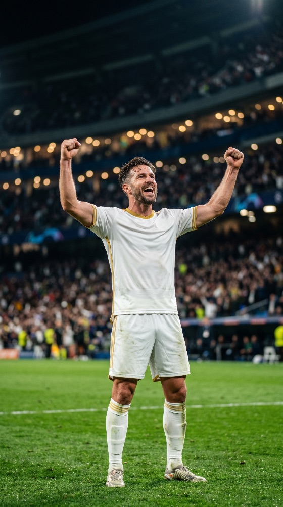 professional, soccer, player, celebrating, victory, with, raised, arms, crowded, stadium, night, football, athlete, celebration, match, sport, winner, joy, triumph, goal, cheering, crowd, uniform, white, field, grass, competition, success, emotion, shouting, championship, game, arena, lights, fan, team, score, action, male, man, fitness, athletic, performance, energy, excitement, passion, glory, hero, champion, sportsmanship, sports