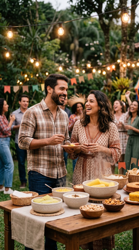 happy, couple, celebrating, festa, junina, outdoor, party, with, traditional, brazilian, food, culture, celebration, laughing, corn, tradition, backyard, friends, social, gathering, evening, string, lights, decorations, pamonha, snacks, festive, joy, people, lifestyle, brazil, june, festival, holiday, togetherness, garden, ethnic, diversity